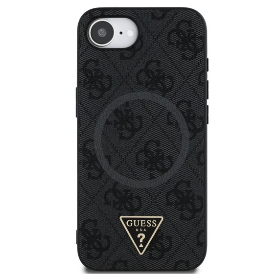Guess PU 4G Strass Triangle Metal Logo Apple iPhone 16e MagSafe hátlap tok, fekete