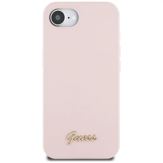 Guess Silicone Script Metal Logo Apple iPhone 16e MagSafe szilikon tok, rózsaszín