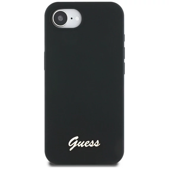 Guess Silicone Script Metal Logo Apple iPhone 16e MagSafe szilikon tok, fekete