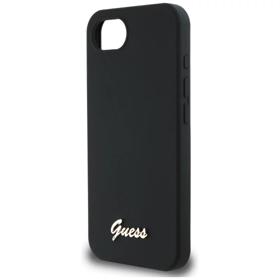 Guess Silicone Script Metal Logo Apple iPhone 16e MagSafe szilikon tok, fekete