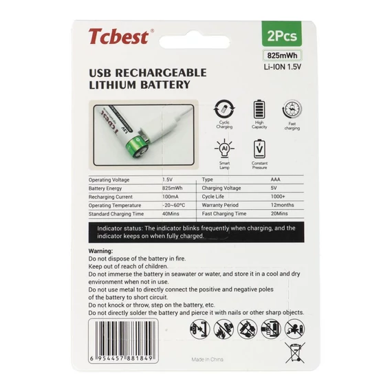 TCBEST újratölthető R3 (AAA) elem 220 mAh, USB-C csatlakozóval és töltőkábellel (2db)