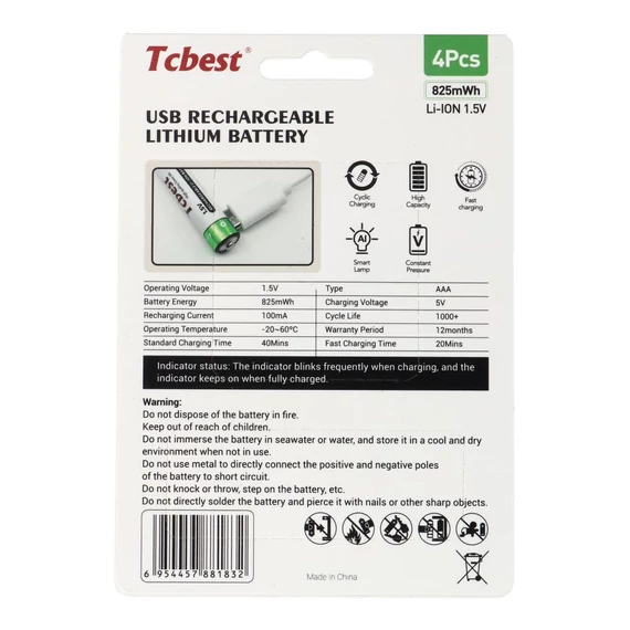 TCBEST újratölthető R3 (AAA) elem 220 mAh, USB-C csatlakozóval és töltőkábellel (4db)