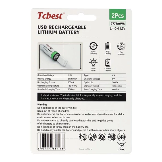 TCBEST újratölthető R6 (AA) elem 750 mAh, USB-C csatlakozóval és töltőkábellel (2db)
