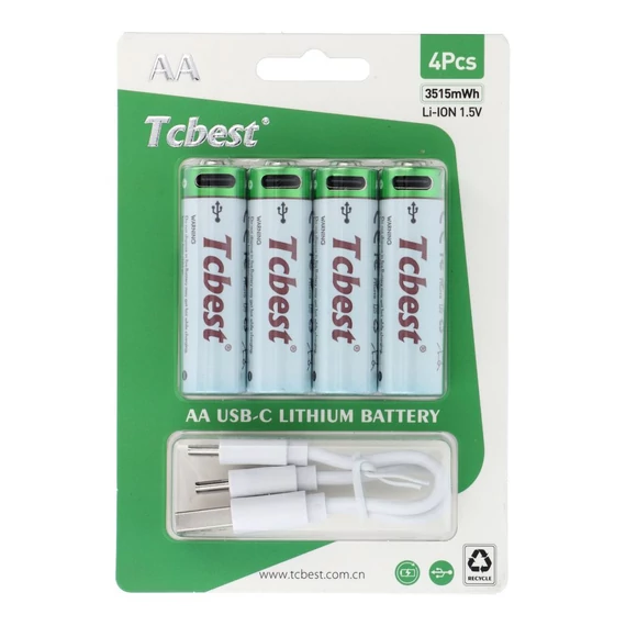TCBEST újratölthető R6 (AA) elem 950 mAh, USB-C csatlakozóval és töltőkábellel (4db)