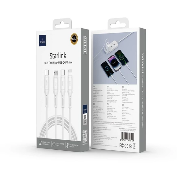 WiWU Wi-046E Starlink Series 3in1 USB-C USB-C / Lightning / microUSB kábel, 60W, 1m, fehér