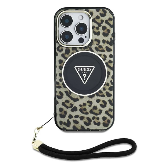 Guess IML Leopard Triangle Logo Strap iPhone 16 Pro MagSafe hátlap tok, barna