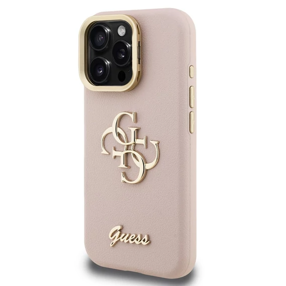 Guess PU Grained 4G Logo Stand Camera Frame iPhone 16 Pro hátlap tok kitámasztóval, rózsaszín