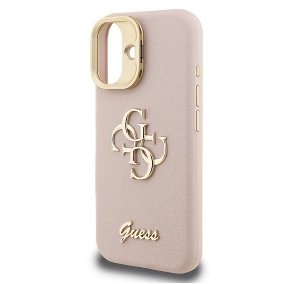 Guess PU Grained 4G Logo Stand Camera Frame iPhone 16 hátlap tok kitámasztóval, rózsaszín