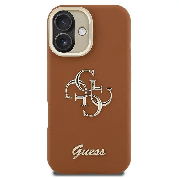 Guess PU Grained 4G Logo Stand Camera Frame iPhone 16 hátlap tok kitámasztóval, barna
