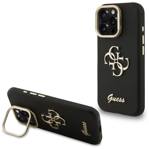 Guess PU Grained 4G Logo Stand Camera Frame iPhone 16 Pro hátlap tok kitámasztóval, fekete