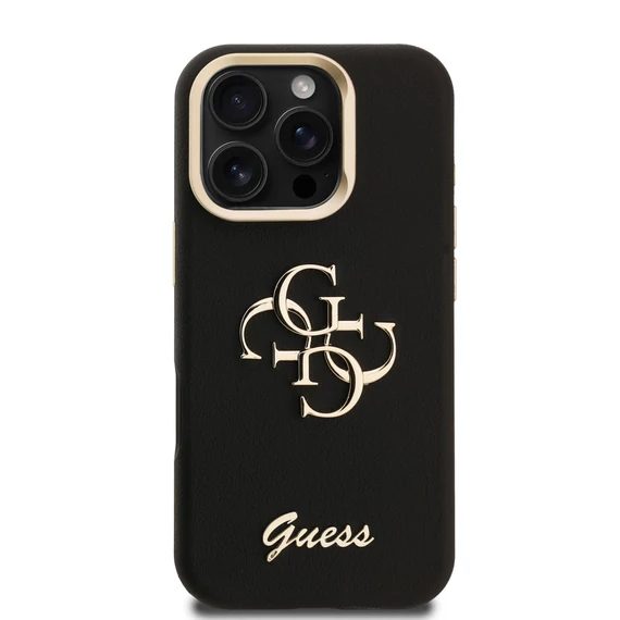 Guess PU Grained 4G Logo Stand Camera Frame iPhone 16 Pro hátlap tok kitámasztóval, fekete