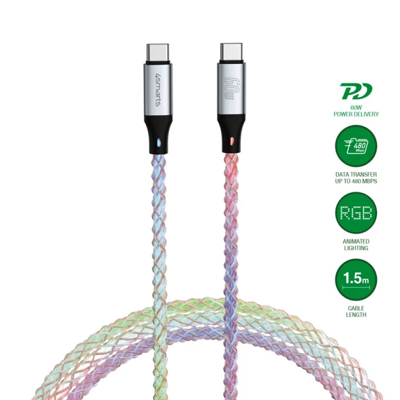 4smarts RGBCord USB-C / USB-C töltő és adatkábel, RGB világítással, 60W, 1.5m, színes