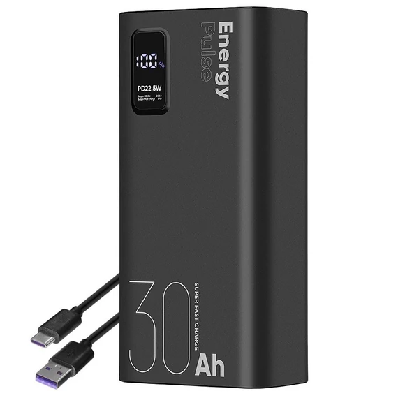 OBAL:ME EnergyPulse powerbank / külső akkumulátor kábellel, digitális kijelzővel, 30000mAh, 22,5W, fekete