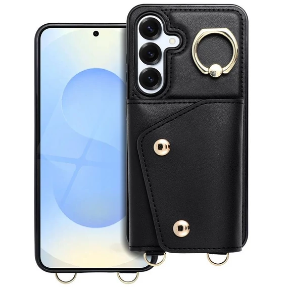 Wonder Samsung Galaxy A36 5G kártyatartós tok gyűrűs kitámasztóval, csuklóra / vállra akasztható pánttal, fekete