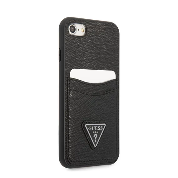 Guess Saffiano Double Card Apple iPhone SE 2022/2020/8/7 bőr hátlap tok, fekete