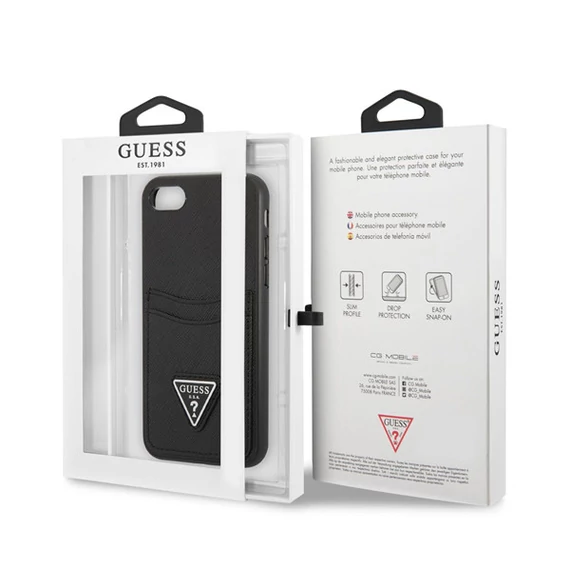 Guess Saffiano Double Card Apple iPhone SE 2022/2020/8/7 bőr hátlap tok, fekete