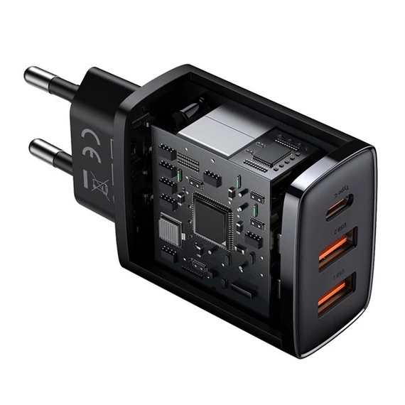 Baseus Compact gyorstöltő adapter 30W USB-C + 2XUSB-A, fekete