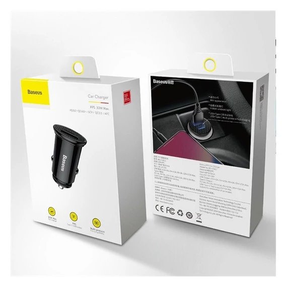 Baseus Circular autós szivargyújtó gyorstöltő, USB-C + USB, 30W, fekete