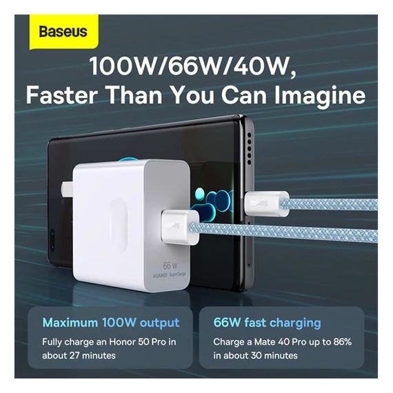 Baseus Dynamic USB / USB-C gyorstöltő töltő- és adatkábel, 100W, 1m, kék