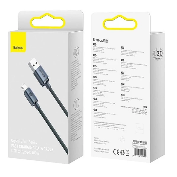 Baseus Crystal Shine USB / USB-C töltő- és adatkábel, 100W, 2m, Fekete