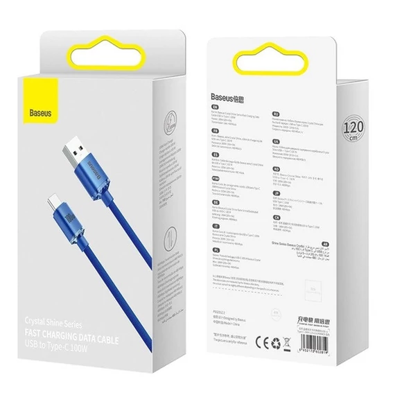 Baseus Crystal Shine USB / USB-C töltő- és adatkábel, 5A, 1,2m, kék