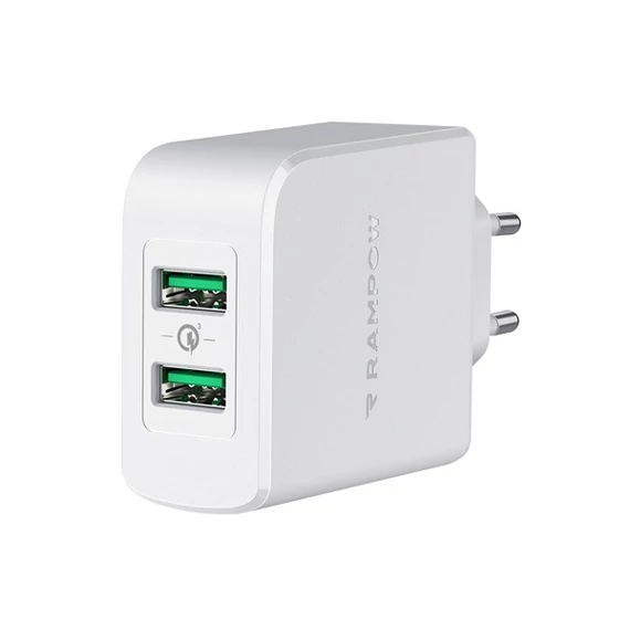 Rampow RBA16 hálózati gyorstöltő adapter 2xUSB-A QC, 39W, fehér