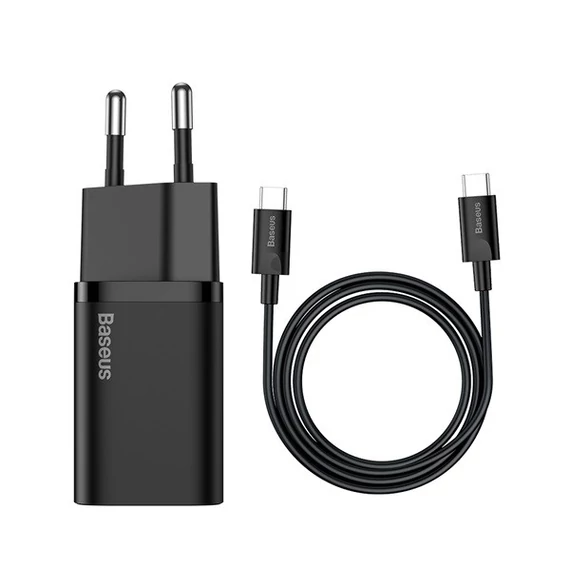 Baseus Super-Si gyorstöltő adapter USB-C / USB-C kábellel, 25W, fekete