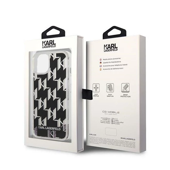 Karl Lagerfeld Liquid Glitter Monogram Apple iPhone 14 Plus hátlap tok, fekete