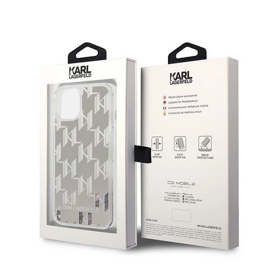 Karl Lagerfeld Liquid Glitter Monogram Apple iPhone 14 Plus hátlap tok, ezüst