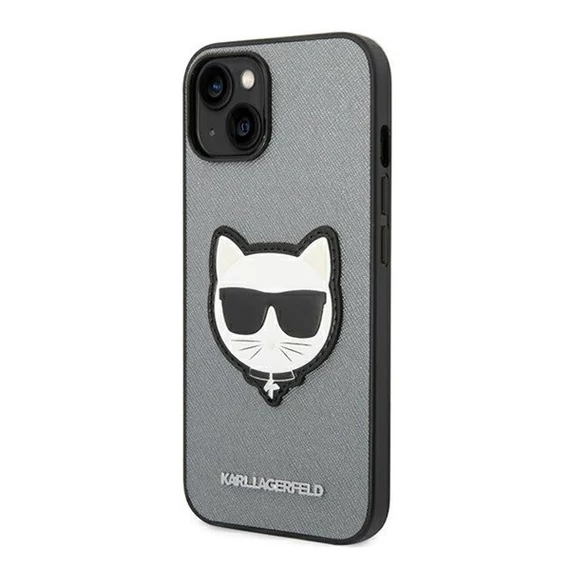 Karl Lagerfeld Saffiano Choupette Head Patch Apple iPhone 14 Plus hátlap tok, ezüst