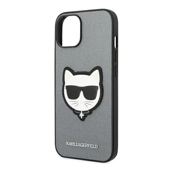 Karl Lagerfeld Saffiano Choupette Head Patch Apple iPhone 14 Plus hátlap tok, ezüst
