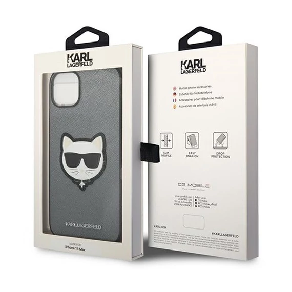 Karl Lagerfeld Saffiano Choupette Head Patch Apple iPhone 14 Plus hátlap tok, ezüst