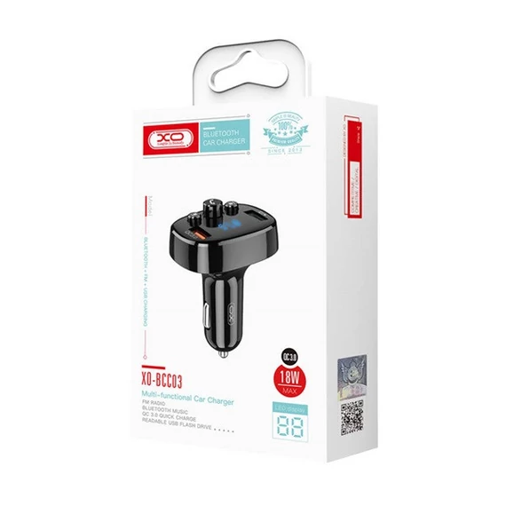 XO BCC03 autós szivargyújtó gyorstöltő és Bluetooth FM transzmitter, 2xUSB, 18W, fekete