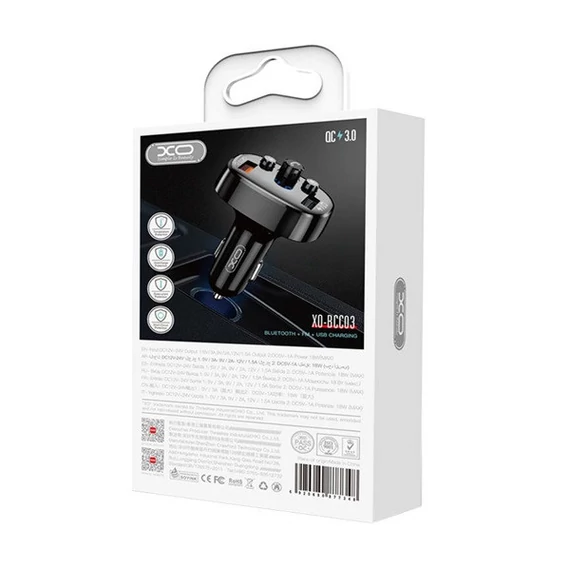 XO BCC03 autós szivargyújtó gyorstöltő és Bluetooth FM transzmitter, 2xUSB, 18W, fekete