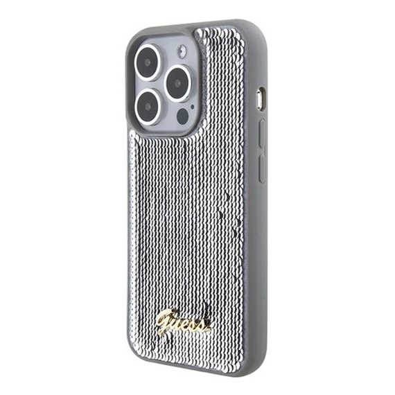 Guess Sequin Script Metal Apple iPhone 15 Pro hátlap tok, ezüst