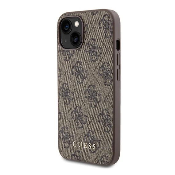 Guess 4G Metal Gold Logo Apple iPhone 15 hátlap tok, barna