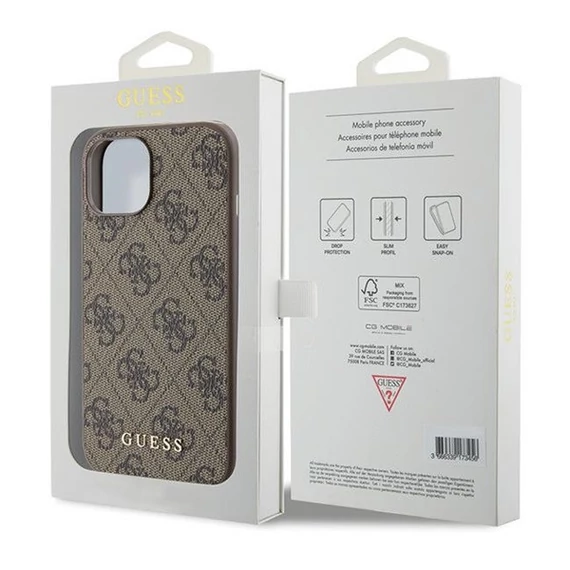 Guess 4G Metal Gold Logo Apple iPhone 15 hátlap tok, barna