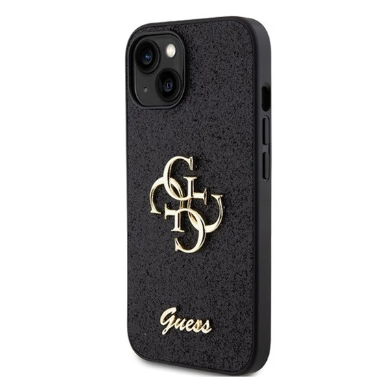 Guess Glitter Script Big 4G Apple iPhone 15 hátlap tok, fekete