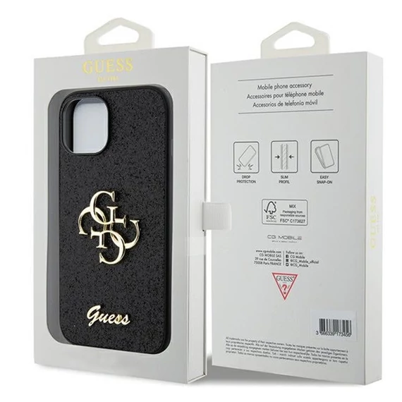 Guess Glitter Script Big 4G Apple iPhone 15 hátlap tok, fekete