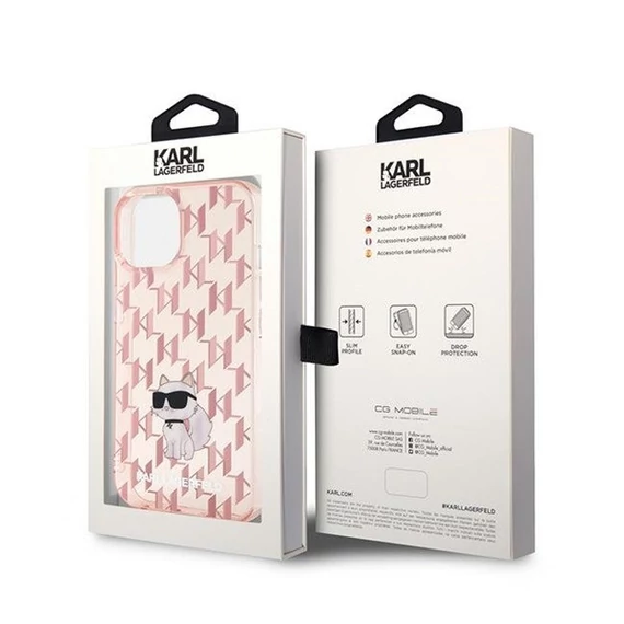Karl Lagerfeld Monogram Choupette Apple iPhone 15 hátlap tok, rózsaszín
