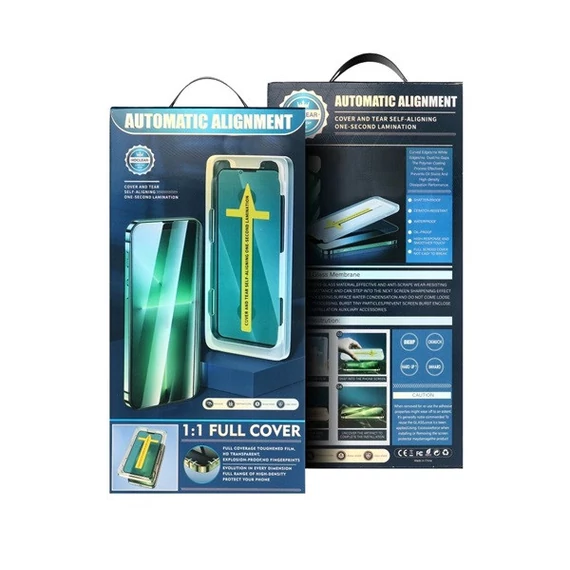 Apple iPhone 15 Plus / iPhone 16 Plus 5D Full Glue hajlított tempered glass kijelzővédő üvegfólia felhelyezőkerettel, fekete
