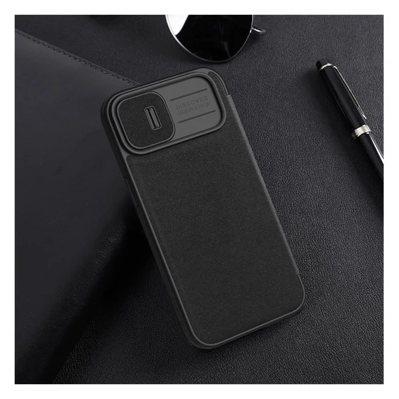 Nillkin Qin Pro bőr flip tok, iPhone 15 , Fekete