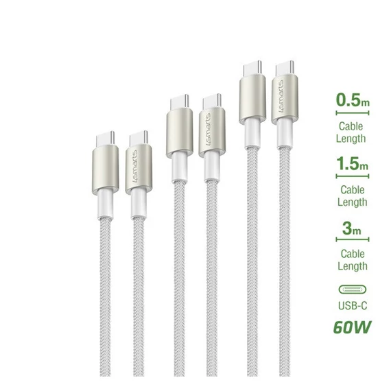 4smarts PremiumCord USB-C / USB-C töltő- és adatkábel szett,  60W, 3x0.5M+1.5M+3M, fehér / ezüst