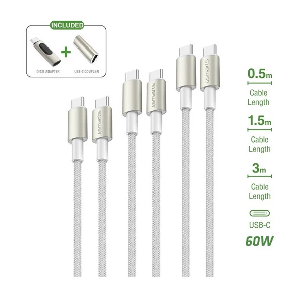 4smarts PremiumCord USB-C töltő- és adatkábel szett adapterrel, átalakítóval, 60W, 0.5+1.5+3M, fehér / ezüst
