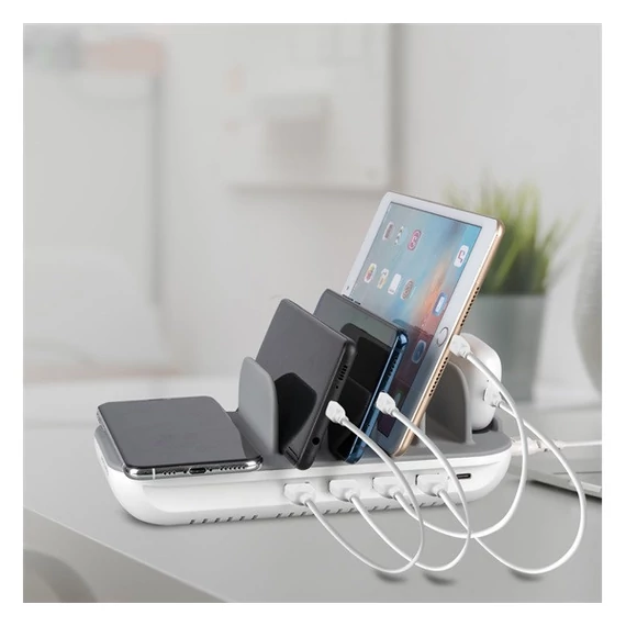 4smarts Family Evo töltő állomás 63W PD, wireless töltővel, kábelekkel, szürke / fehér