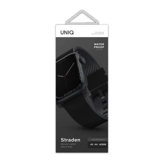 Uniq Straden vízálló bőr Apple Watch szíj, 49/45/44/42MM, fekete