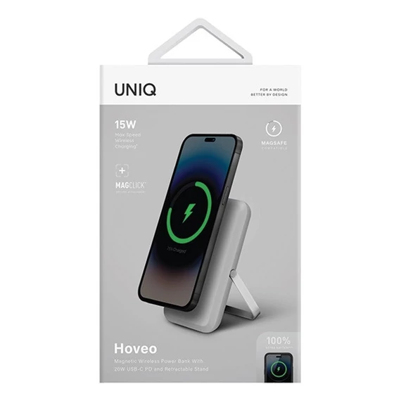 Uniq Hoveo mágneses Fast Wireless USB-C PD Power bank / külső akkumulátor / powerbank, kártyatartóval, 5000Mah, szürke