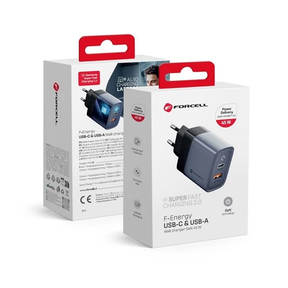 Forcell hálózati gyorstöltő USB-C + USB-A, PD + QC 4.0, 4A, 45W, kék