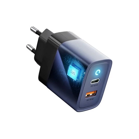 Forcell hálózati gyorstöltő USB-C + USB-A, PD + QC 4.0, 4A, 45W, kék
