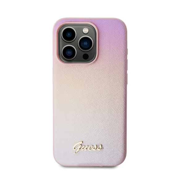 Guess PU Leather Iridescent Metal Script iPhone 15 Pro tok, rózsaszín